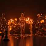 Ilustración conceptual de agentes IA multiagente coordinándose en un sistema distribuido, destacando el problema de consenso y el teorema FLP en inteligencia artificial.