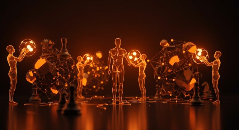 Ilustración conceptual de agentes IA multiagente coordinándose en un sistema distribuido, destacando el problema de consenso y el teorema FLP en inteligencia artificial.