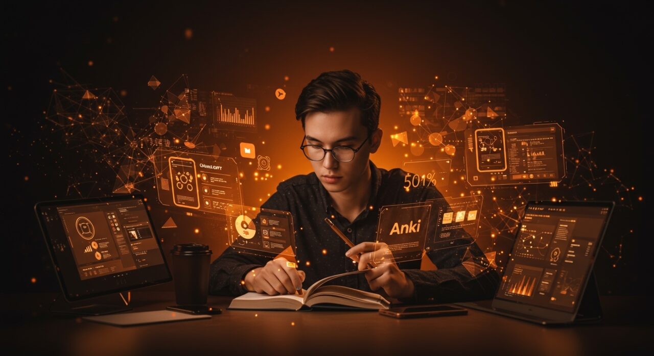 Profesional utilizando herramientas de IA para estudiar con ChatGPT, Anki y NotebookLM que aumentan la retención de aprendizaje en el ecosistema startup.