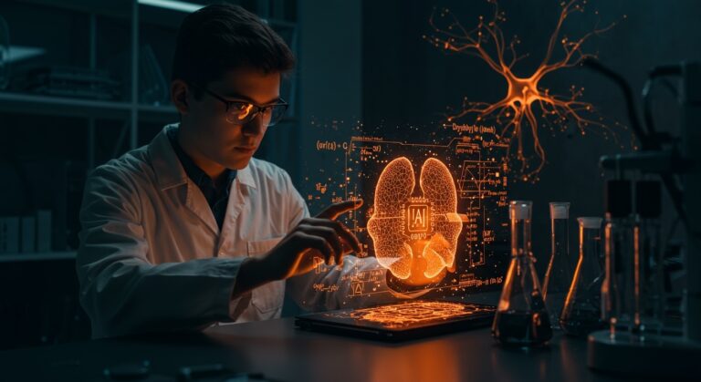 Sistema de inteligencia artificial de la Universidad de Pekín resolviendo una conjetura matemática en un laboratorio tecnológico con luces naranjas y negras.