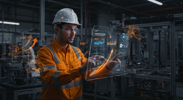 Ingeniero utilizando IA prescriptiva para optimizar la automatización industrial con alto retorno de inversión en industria 4.0.