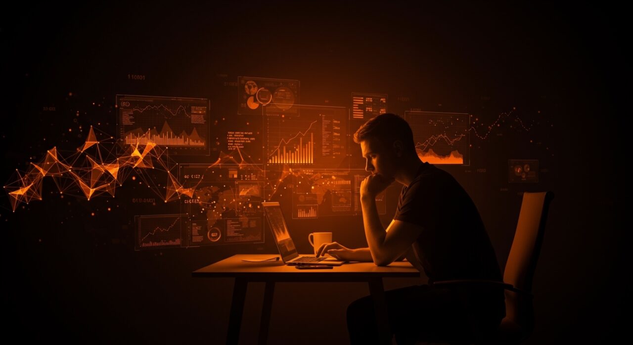 Founder usando inteligencia artificial para aumentar productividad mientras reflexiona sobre el deterioro del pensamiento crítico en startups tecnológicas.