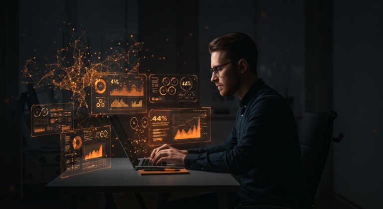 Founder de startup utilizando inteligencia artificial para automatización administrativa y reducción de costos operativos con herramientas de IA.