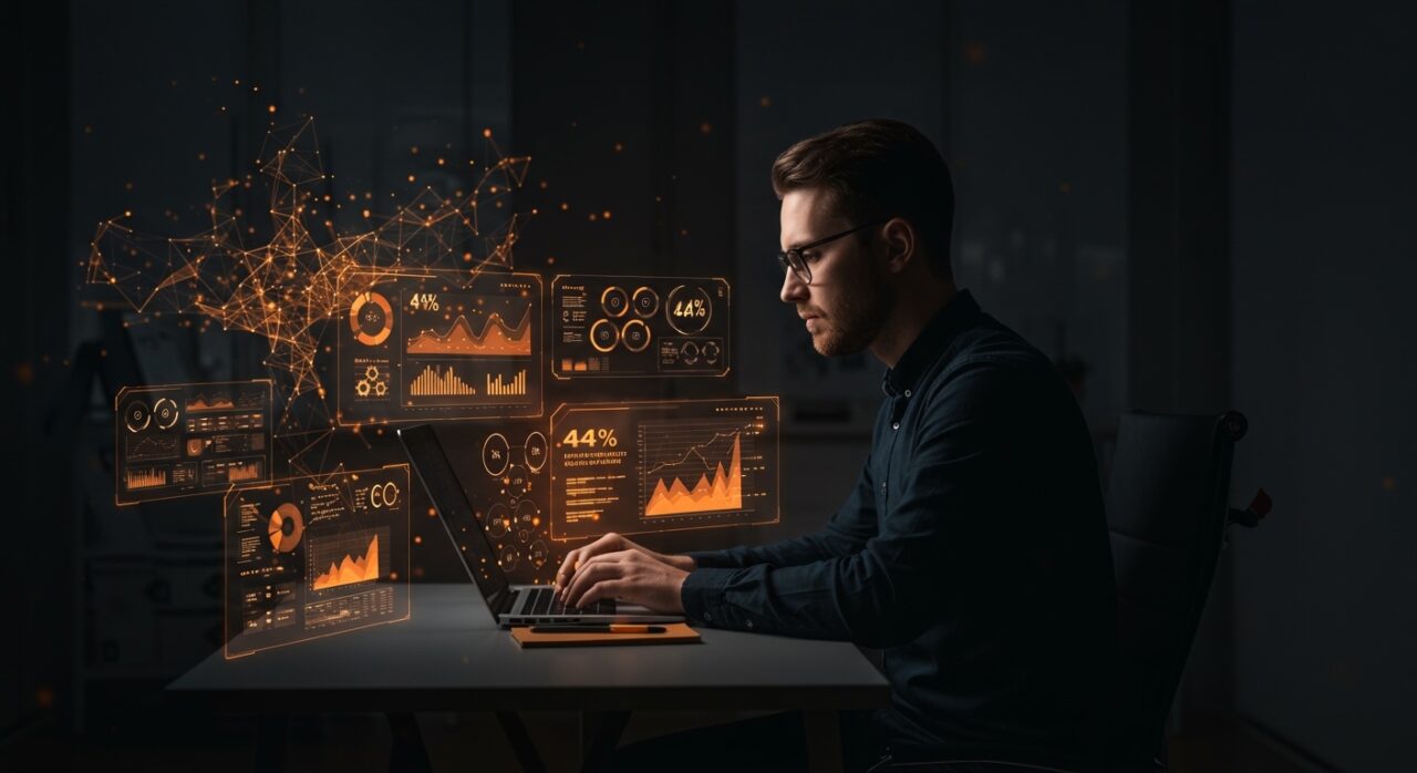 Founder de startup utilizando inteligencia artificial para automatización administrativa y reducción de costos operativos con herramientas de IA.