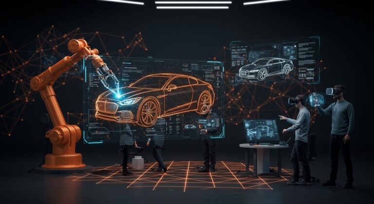 Diseño automotriz con IA y realidad virtual mostrando la innovación y reducción de costos en startups tecnológicas.