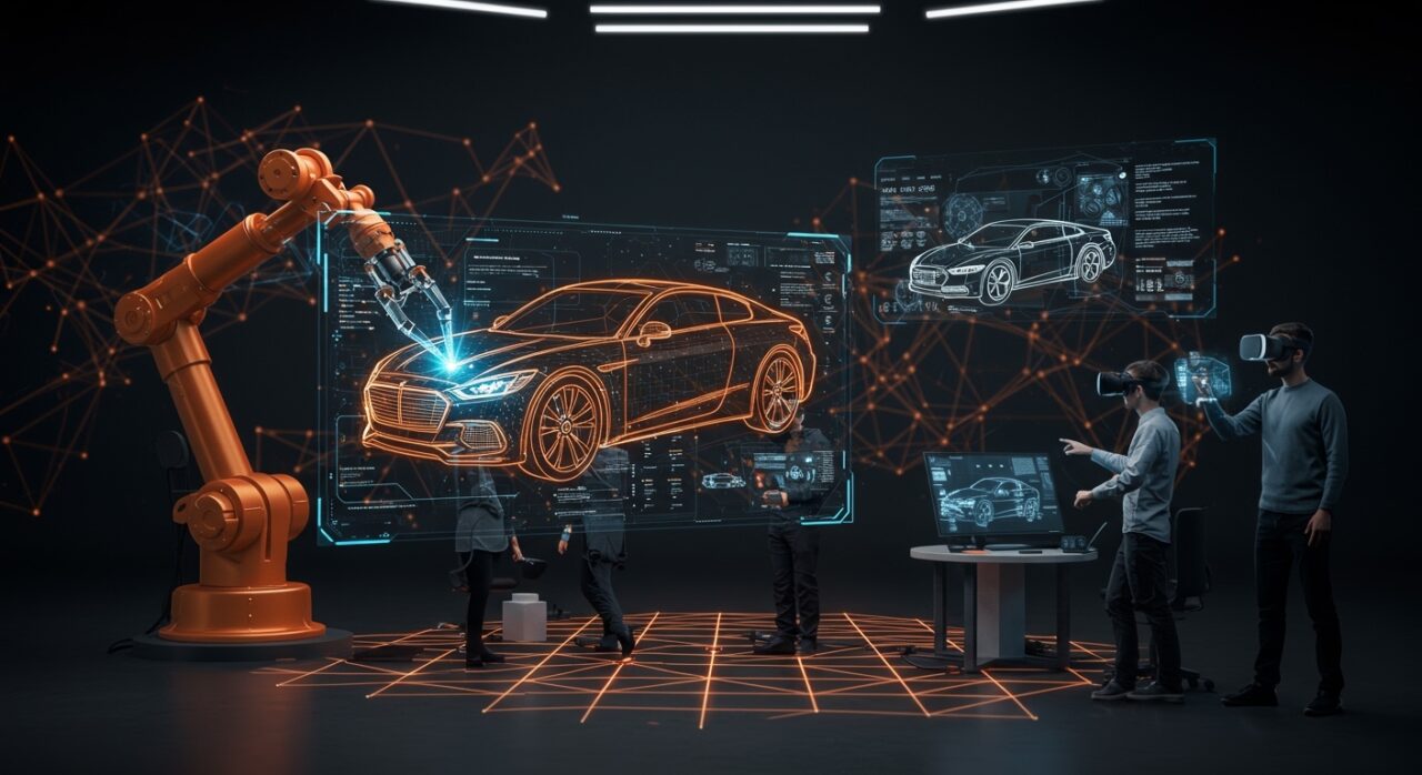 Diseño automotriz con IA y realidad virtual mostrando la innovación y reducción de costos en startups tecnológicas.