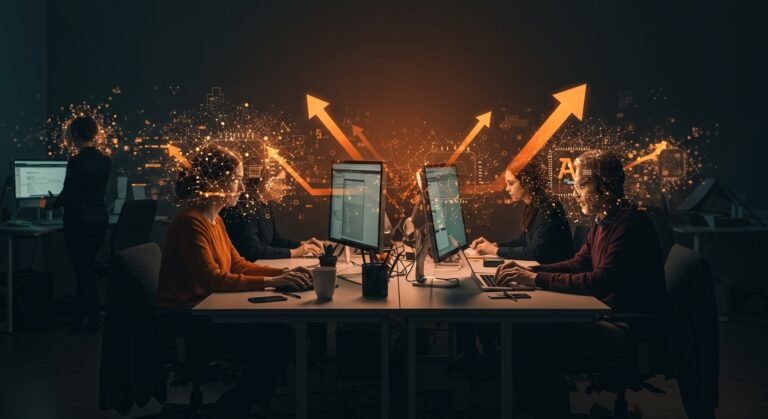 Impacto de la inteligencia artificial en el empleo en EE.UU., mostrando automatización laboral y transformación digital en el mercado de trabajo.