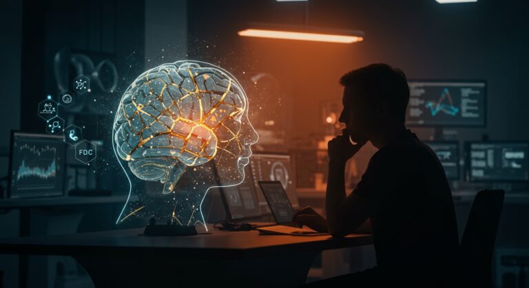 Silueta de fundador de startup analizando holograma de cerebro con fracturas doradas, simbolizando retos de IA aplicada y regulación FDA en salud mental.