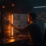 Founder configurando herramientas IA self-hosted con hardware avanzado y visualizaciones de modelos open source para startups en 2026.