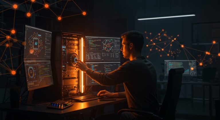 Founder configurando herramientas IA self-hosted con hardware avanzado y visualizaciones de modelos open source para startups en 2026.