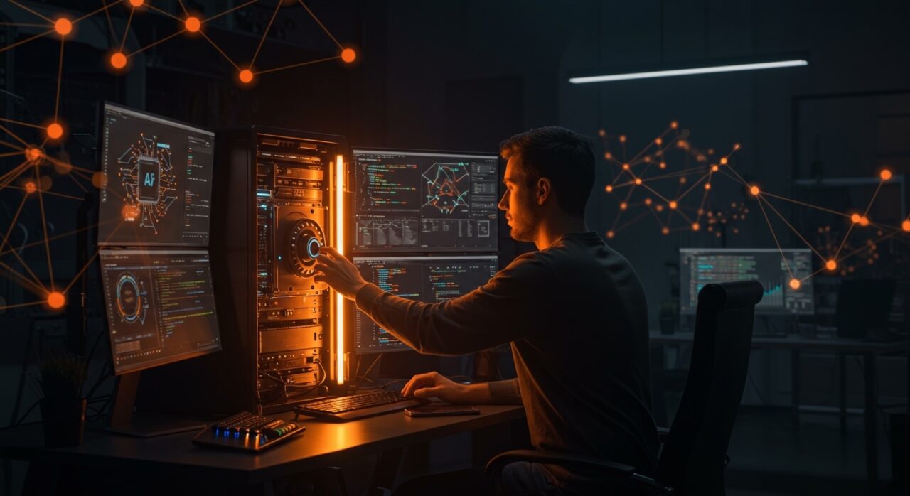 Founder configurando herramientas IA self-hosted con hardware avanzado y visualizaciones de modelos open source para startups en 2026.