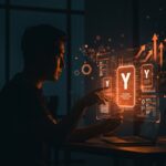 Fundador de startup analizando productos digitales recreados con inteligencia artificial en un entorno tecnológico innovador del ecosistema latinoamericano.