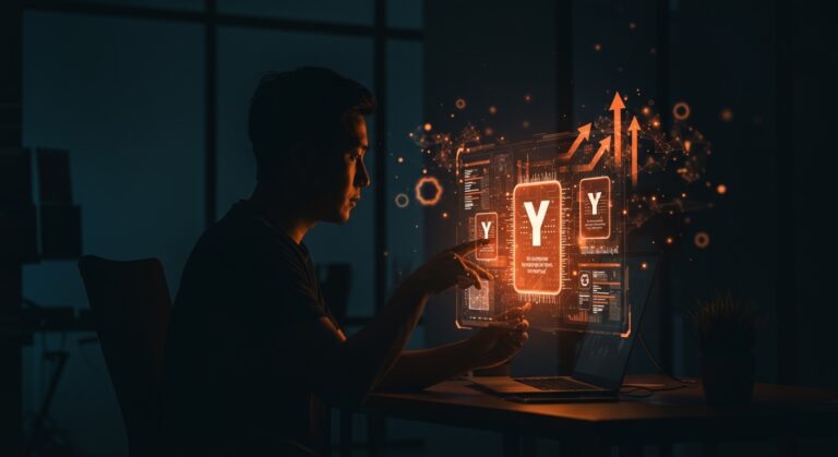 Fundador de startup analizando productos digitales recreados con inteligencia artificial en un entorno tecnológico innovador del ecosistema latinoamericano.