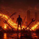 Ilustración conceptual de resistencia social a la inteligencia artificial con metáforas de tecnología y violencia inspiradas en el movimiento ludita.