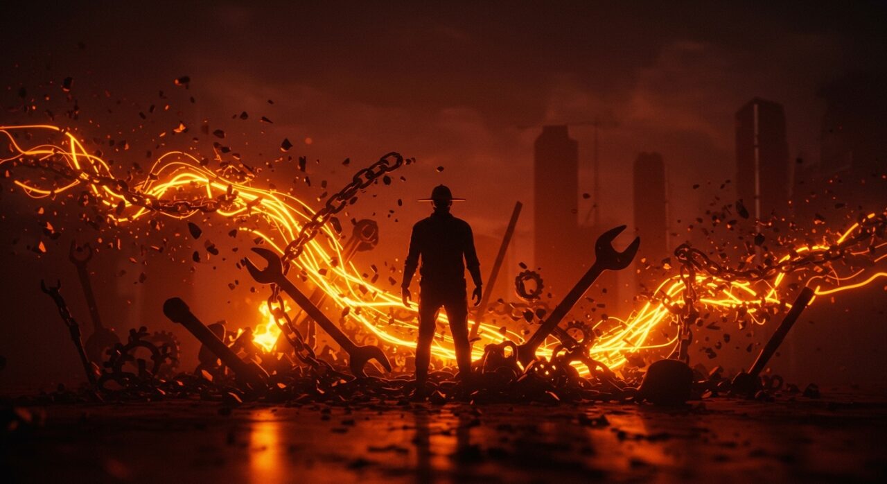 Ilustración conceptual de resistencia social a la inteligencia artificial con metáforas de tecnología y violencia inspiradas en el movimiento ludita.