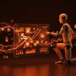 Figura de IA interactuando con iconos virales y datos digitales en un entorno que simboliza la propaganda y marketing digital en el ecosistema tech.
