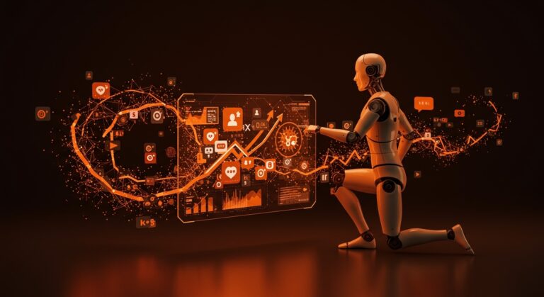 Figura de IA interactuando con iconos virales y datos digitales en un entorno que simboliza la propaganda y marketing digital en el ecosistema tech.