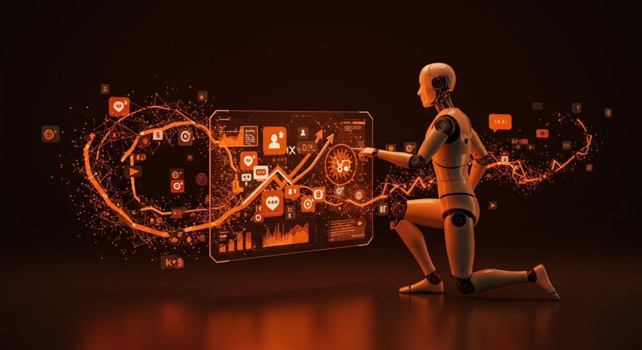 Figura de IA interactuando con iconos virales y datos digitales en un entorno que simboliza la propaganda y marketing digital en el ecosistema tech.