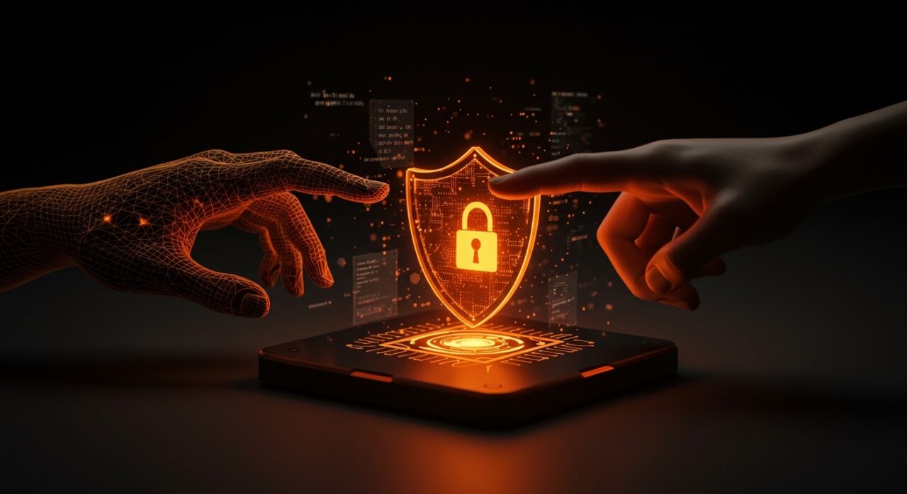 Modelo pequeño de IA detectando vulnerabilidades en seguridad de software con metáforas visuales de frontera dentada y defensa digital automatizada.