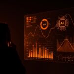 Líder tecnológico evaluando el impacto de la IA en el desempleo y el futuro del empleo, con gráficos digitales abstractos y patrones neuronales.