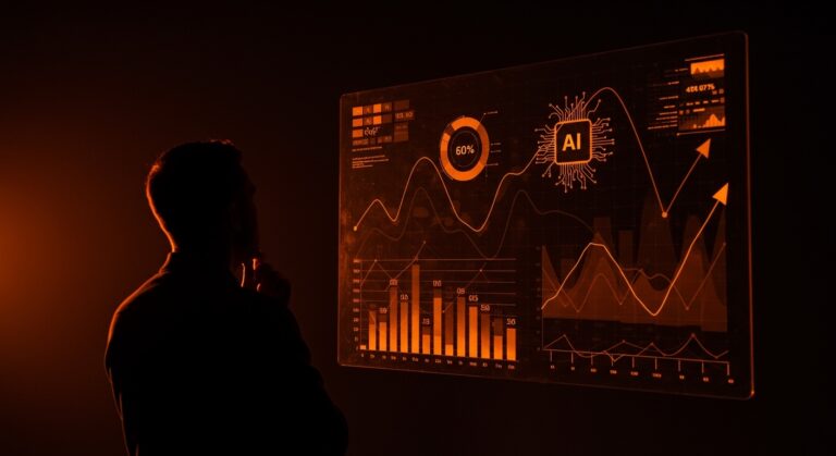 Líder tecnológico evaluando el impacto de la IA en el desempleo y el futuro del empleo, con gráficos digitales abstractos y patrones neuronales.