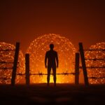 Riesgos de IA y fascismo en startups, mostrando un fundador frente a una fortaleza digital que simboliza el control autoritario y la importancia de la tecnología ética.