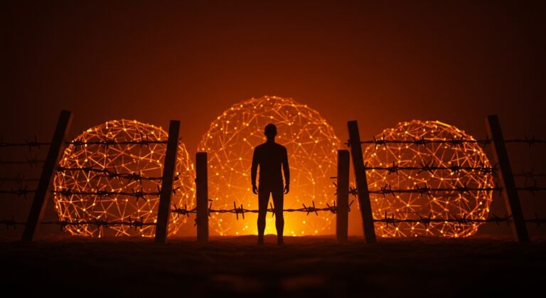 Riesgos de IA y fascismo en startups, mostrando un fundador frente a una fortaleza digital que simboliza el control autoritario y la importancia de la tecnología ética.