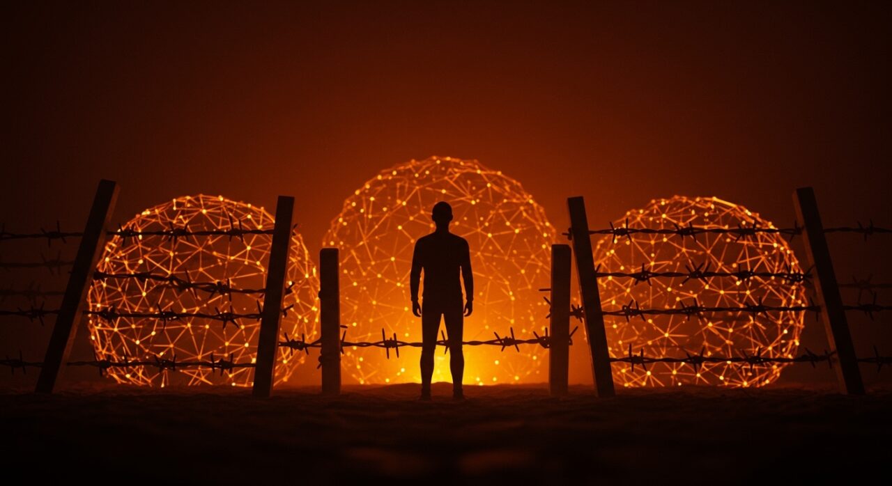 Riesgos de IA y fascismo en startups, mostrando un fundador frente a una fortaleza digital que simboliza el control autoritario y la importancia de la tecnología ética.