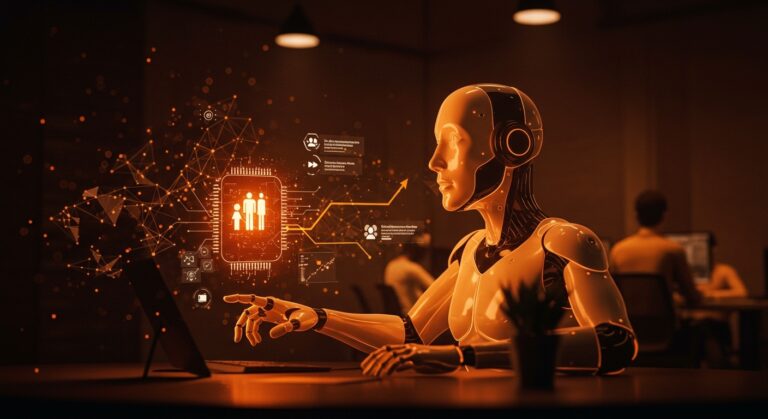 Líder startup con inteligencia artificial gestionando equipos en ecosistema LATAM, destacando liderazgo y automatización con IA.