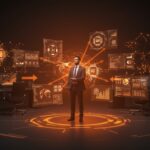 Gerente utilizando inteligencia artificial para liderar equipos con automatización y confianza humana en un entorno digital innovador.