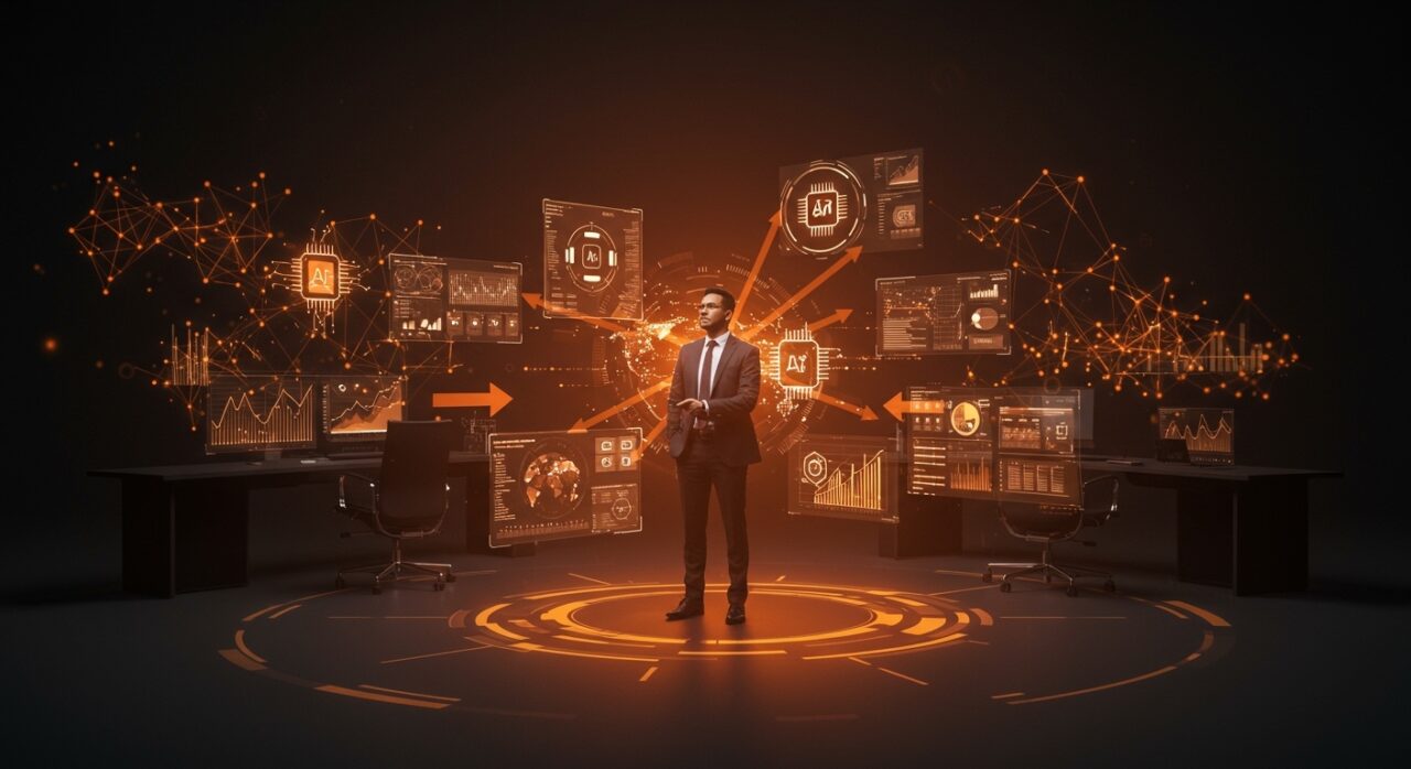 Gerente utilizando inteligencia artificial para liderar equipos con automatización y confianza humana en un entorno digital innovador.