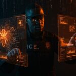 Agente del ICE utilizando spyware Paragon en interfaces digitales, ilustrando vigilancia, privacidad y ciberseguridad en tecnología de startups.