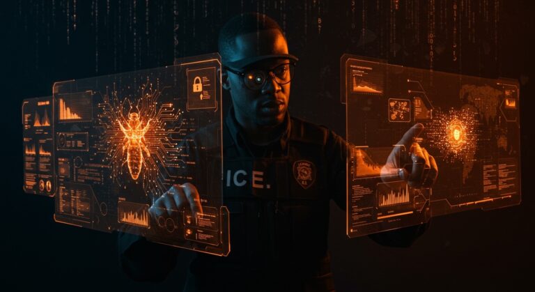 Agente del ICE utilizando spyware Paragon en interfaces digitales, ilustrando vigilancia, privacidad y ciberseguridad en tecnología de startups.