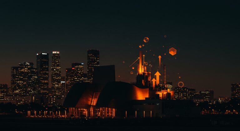 Vista artística del Walt Disney Concert Hall con enfoque en su impacto urbano e innovación en ciudades inteligentes.