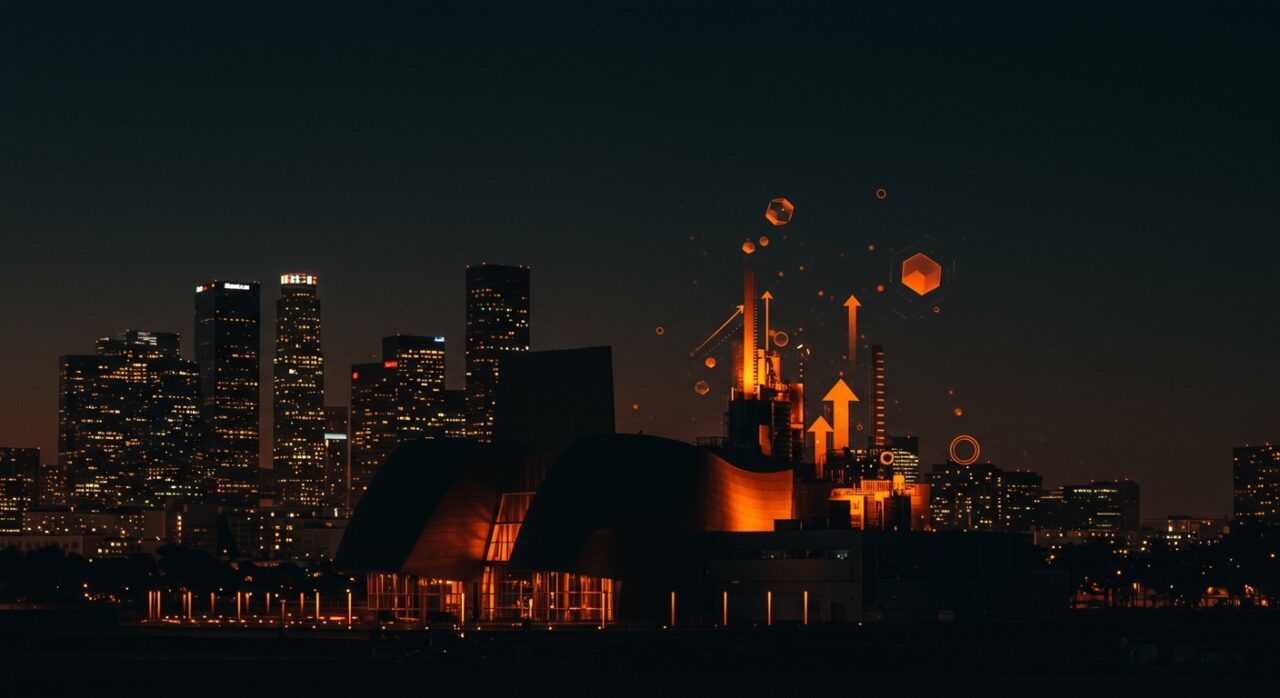 Vista artística del Walt Disney Concert Hall con enfoque en su impacto urbano e innovación en ciudades inteligentes.