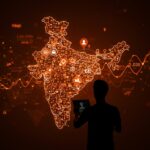 Mapa digital de India con 1.020 millones de usuarios de apps, simbolizando el crecimiento del mercado de apps en India y la expansión internacional de startups tecnológicas.