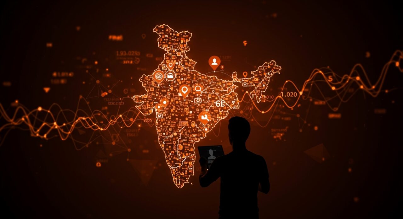 Mapa digital de India con 1.020 millones de usuarios de apps, simbolizando el crecimiento del mercado de apps en India y la expansión internacional de startups tecnológicas.