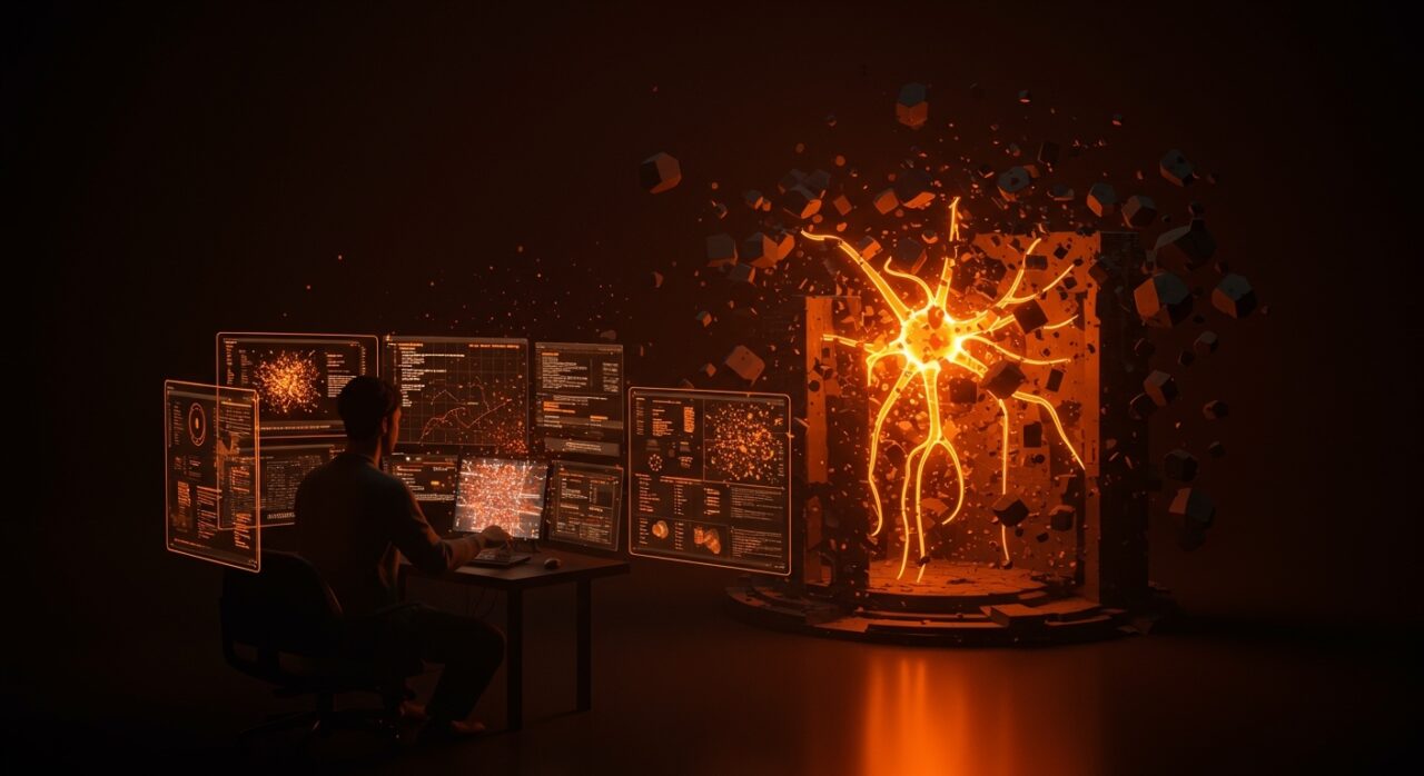 Fragmentación de infraestructura tecnológica causando pérdida de tiempo en startups tech, ilustrado con desarrollador y arquitectura de software coherente para acelerar productividad.