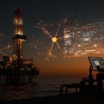 Plataforma petrolera en Vaca Muerta con interfaz digital de IA INIT-LAB TIWI, destacando innovación y tecnología en Oil & Gas argentina.