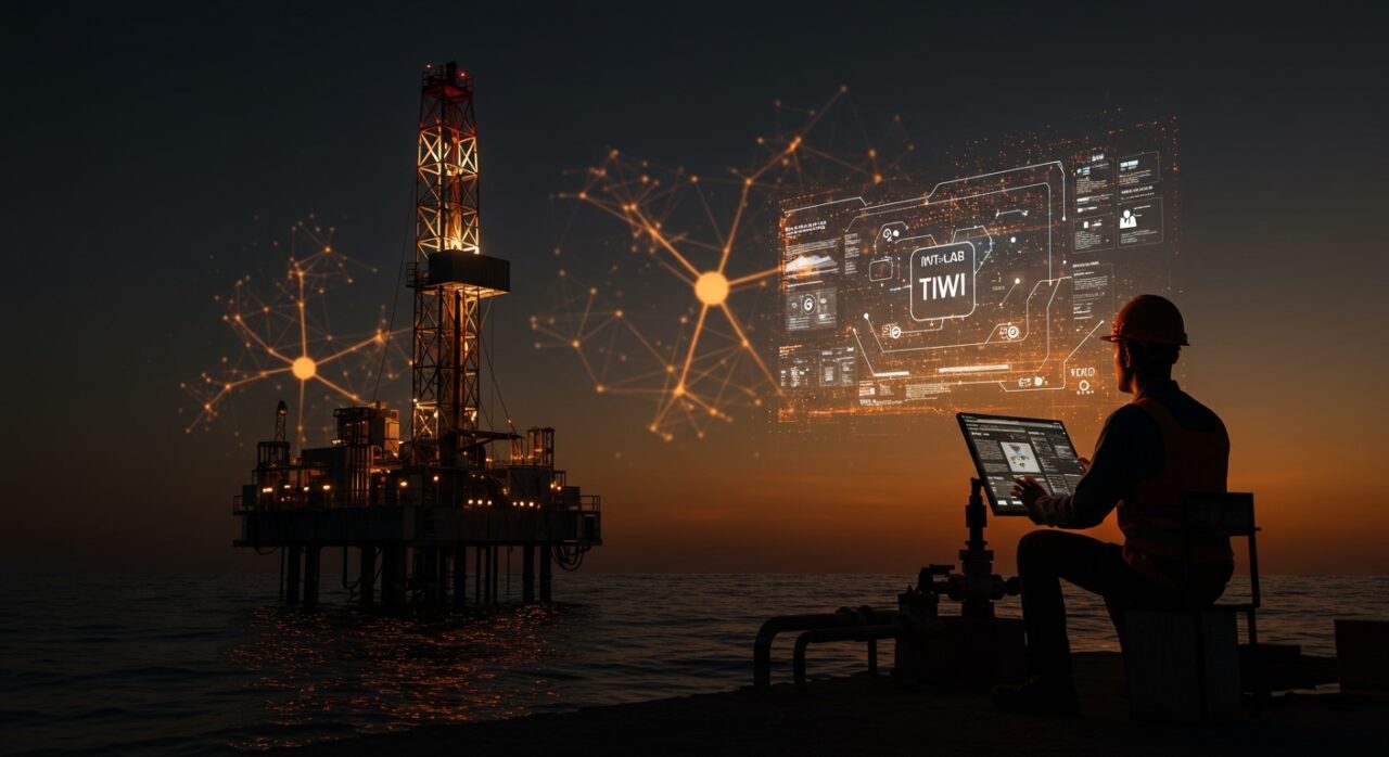 Plataforma petrolera en Vaca Muerta con interfaz digital de IA INIT-LAB TIWI, destacando innovación y tecnología en Oil & Gas argentina.