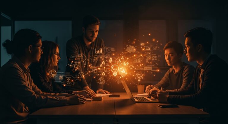 Equipo de startup colaborando para gestionar ideas críticas y promover la innovación real en dinámicas de trabajo saludables.