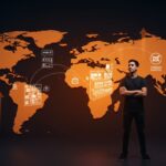 Fundador latinoamericano frente a un mapa digital que representa la adquisición de Instaleap por Instacart y la expansión internacional en retailtech.