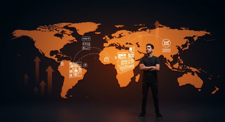 Fundador latinoamericano frente a un mapa digital que representa la adquisición de Instaleap por Instacart y la expansión internacional en retailtech.