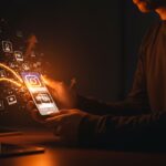 Fundador de startup interactuando con fotos efímeras de Instagram Instants, representando tendencias y estrategias en redes sociales para 2026.