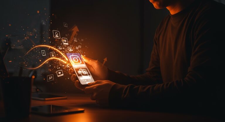 Fundador de startup interactuando con fotos efímeras de Instagram Instants, representando tendencias y estrategias en redes sociales para 2026.