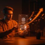 Interfaz futurista de Instagram Plus con modo invisible y monetización en redes sociales, destacando tendencias tecnológicas para startups.