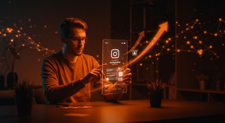 Interfaz futurista de Instagram Plus con modo invisible y monetización en redes sociales, destacando tendencias tecnológicas para startups.