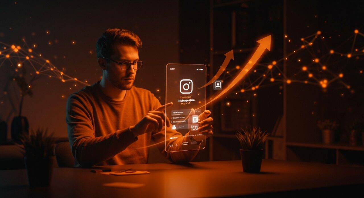 Interfaz futurista de Instagram Plus con modo invisible y monetización en redes sociales, destacando tendencias tecnológicas para startups.