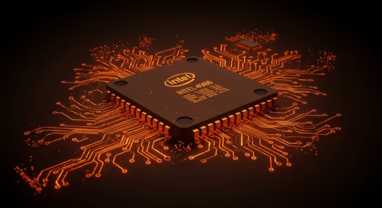 Primer plano detallado del microprocesador Intel 486 destacado en tonos naranja y negro, representando la evolución del hardware y la historia de la computación en 1989.