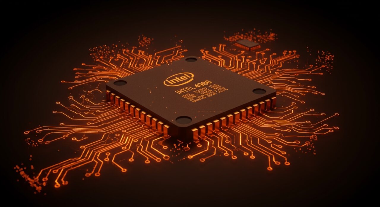 Primer plano detallado del microprocesador Intel 486 destacado en tonos naranja y negro, representando la evolución del hardware y la historia de la computación en 1989.
